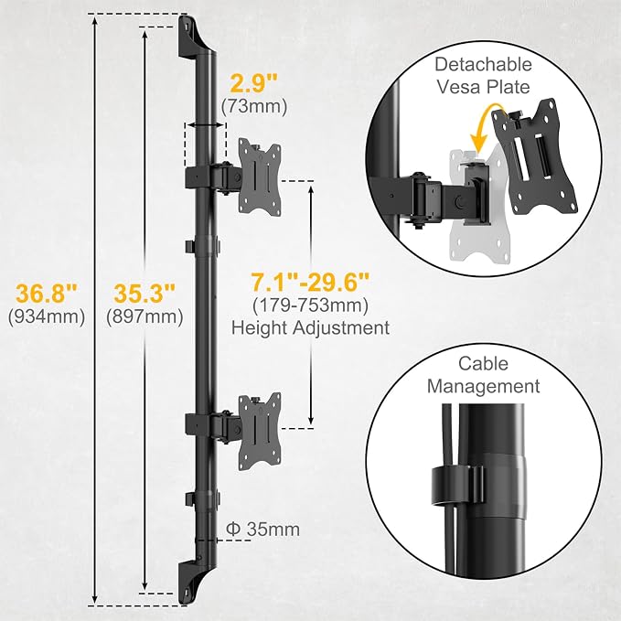 PUTORSEN Dual Monitor Wall Mount for 17-32 inch,Holds 19.8 lbs per Monitor | Vertical Stacked Monitor Wall Mount,32 Inch Extra Long Pole for Wide Height Adjustment,VESA 75x75/100x100mm,Black - Image 5
