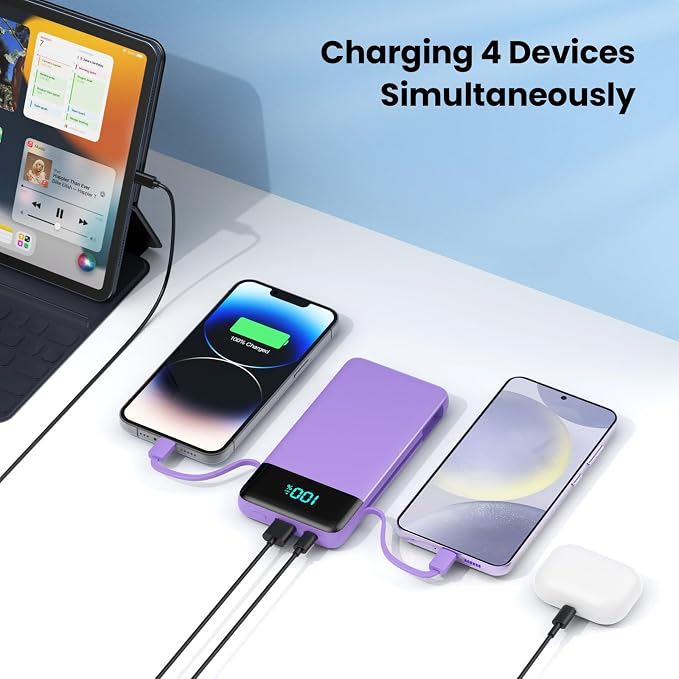 Portable Charger Power Bank for iPhone with Built-in Cables and AC Wall Plug, 13800mAh Ultra Slim Travel Essentials,USB C Fast Charging External Battery Pack for iPhone 17/16/13,Galaxy,Android-Purple - Image 7