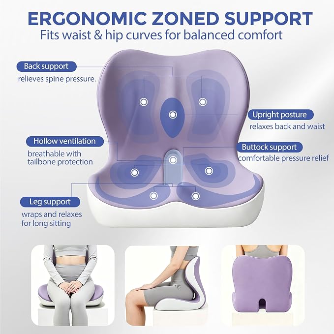 Seat Cushion for Office Chair and Car, Ergonomic Memory Foam Seat Cushion with Lumbar Support Pillow, Orthopedic Cushion for Sciatica & Back Pain, Purple & Light Gray - Image 3