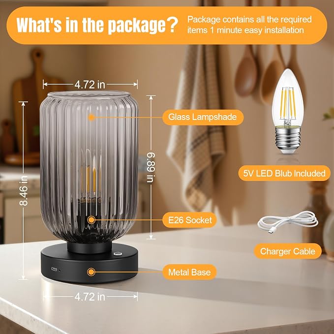 LightRound Cordless Table Lamp for Bedroom, Touch Stepless Dimmable | 7500mAh Rechargeable Battery, Gray Glass Shade, Matte Black Base, Bulb Included, Modern Wireless Lamp for Desk, Living Room - Image 7
