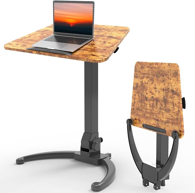 JOY worker Foldable Rolling Standing Desk, 90° Tilt Sit Stand Portable Desk | Dark Walnut MDF Desktop, Height Adjustable, Collapsible Low Base with Hidden Wheels, Non-Slip Bar, Holds 22lbs, Home Office by JOYworker