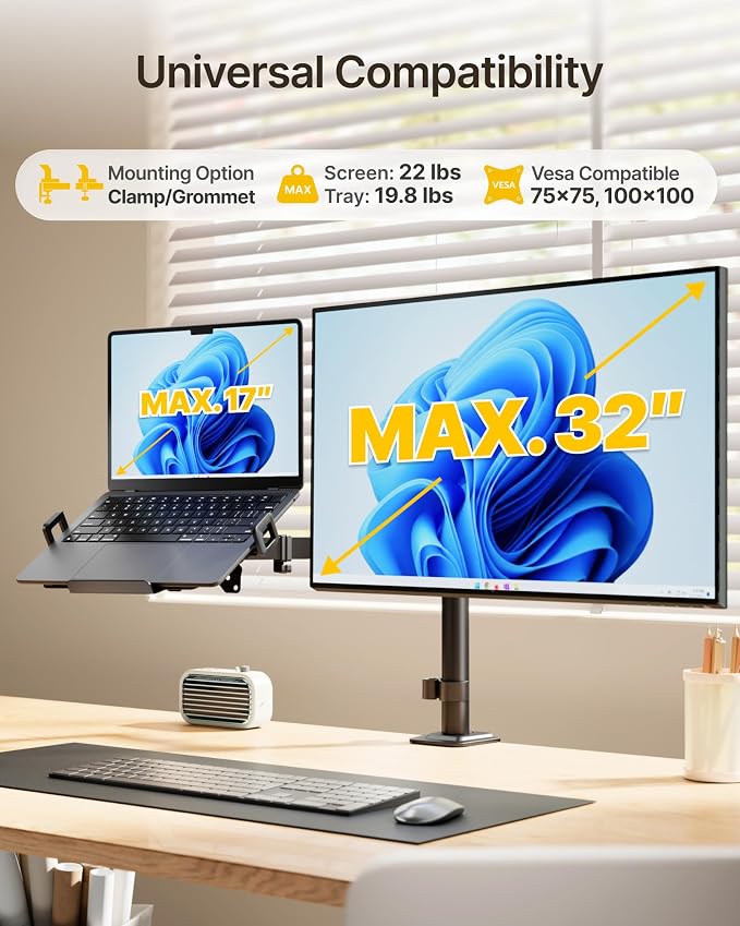 monTEK Monitor and Laptop Stand for 32" Screen and 17" Laptop | 2-in-1 desk mount holds 22 lbs, with height adjustment, tilt, swivel, clamp/grommet bases and VESA 75/100 - Image 2