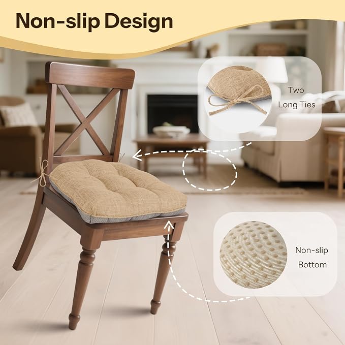 Chair Cushions for Dining Chairs Set of 4, 18"x18"x3", Cappuccino | Non-Slip with Ties, Tufted, Faux Linen, Seat Cushions for Dining Room Kitchen Breakfast Nook Indoor Home Office Living Room - Image 3