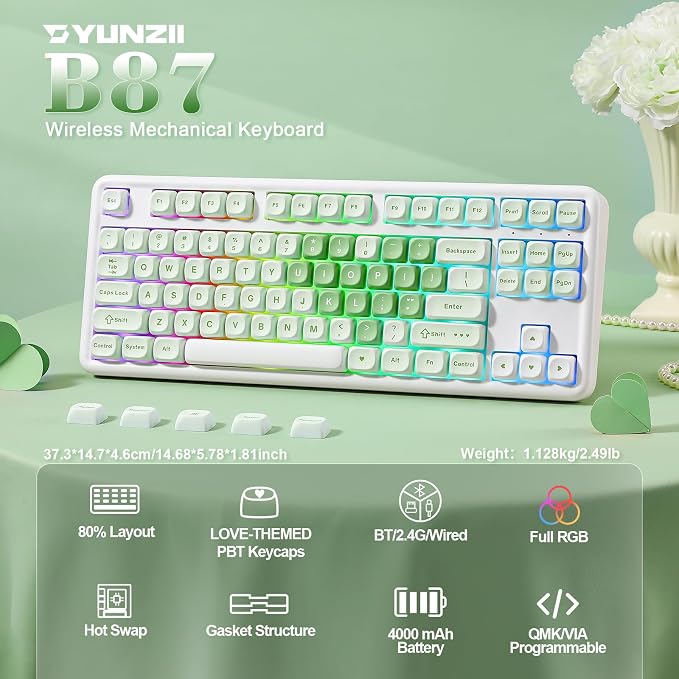 YUNZII B87 TKL Wireless Mechanical Keyboard (Matcha Heart, MilkV2) | QMK/VIA, Wrist Rest, CreamyTyping, Cute MOA Keycaps, Gasket Mount, Hot Swap, RGB Backlit, NKRO, BT/2.4G/USB-C, for Win/Mac - Image 2