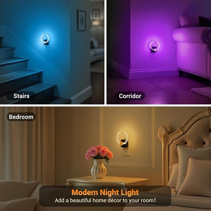 JandCase Night Light, Color Changing Night Lights Plug into Wall, 1 Pack | RGB Nightlight with Light Sensor, 180° Rotatable Plug in Nightlights, Dimmable Ring Acrylic Night Light for Kids Gift Hallway - Image 5