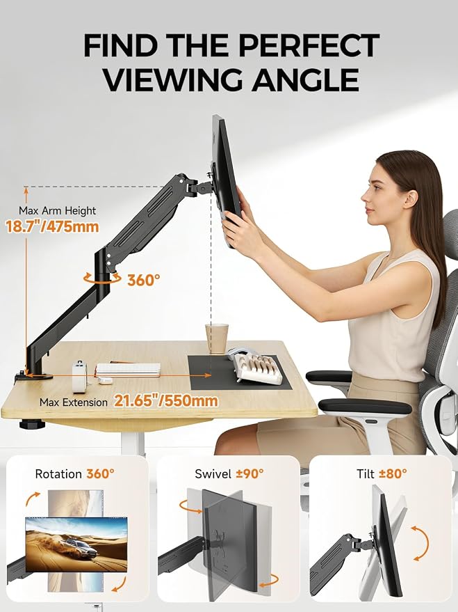 Monitor Mount 17-35 Inch Adjustable Gas Spring Desk Mount Stand Hold up to 24.25lbs with Clamp/Grommet Mounting Base (MD82) - Image 4