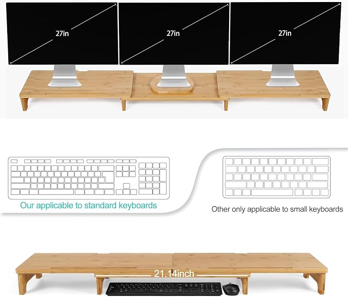 Nnewvante Monitor Stand Riser 60 inch Bamboo Dual Monitor Stand for Desk | Adjustable Length Angle, 3 Shelves Desktop Screen Riser, For Computer Laptop PC - Image 3