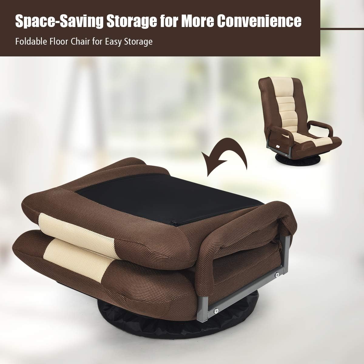 GIANTEX Floor Chair with 360 Degree Swivel Base, Adjustable Backrest, Lumbar Support, Armrest, Foldable Lazy Sofa Rocker for TV, Reading, Playing Video Games, Gaming Chair Floor, Beige/Brown - Image 5