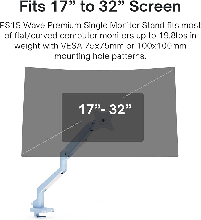 Pixio PS1S Wave Blue Single Monitor Arm Stand Desk Mount - Fits up to 32 inches Monitors and up to 19.8lbs. VESA Compatibility and Integrated Cable Management - Image 2