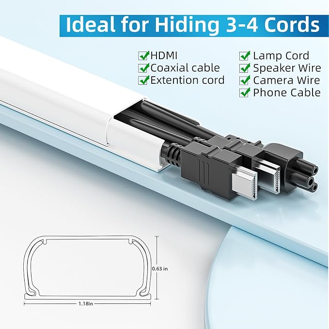 Yecaye 235in Wall Cord Hider for 2-3 Cords, W1.18in H0.63in, White | Large Cord Covers for Wires on wall, On-Wall Cord Cover Cable Concealer - Image 2