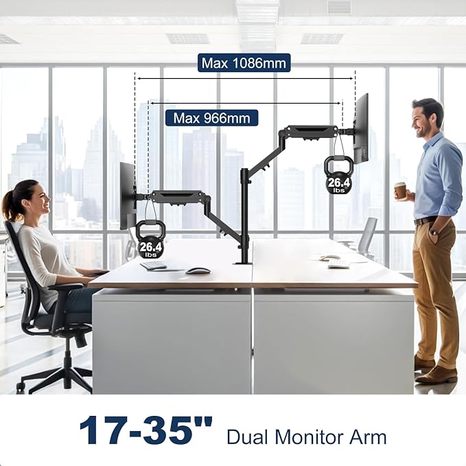 Dual Monitor Mount for 17-40'', Holds up to 26.4 lbs/arm | Vertical/Parallel Placement Monitor Desk Arms for 2 Monitors, with Clamp/Grommet Base, VESA Mount 75/100 mm - Image 3