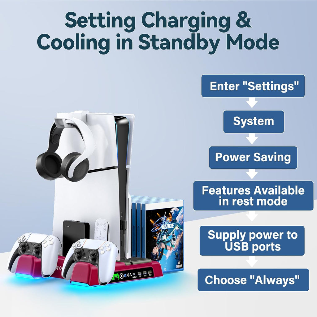 PS5/Slim/Pro Stand and Cooling Station with LED Controller Charging Station for P 5 Console, Controller Charger, Cooling Stand, PS5/Slim/Pro Skin Accessories Kit with 3 Level Cooler Fan, Volcanic Red - Image 6