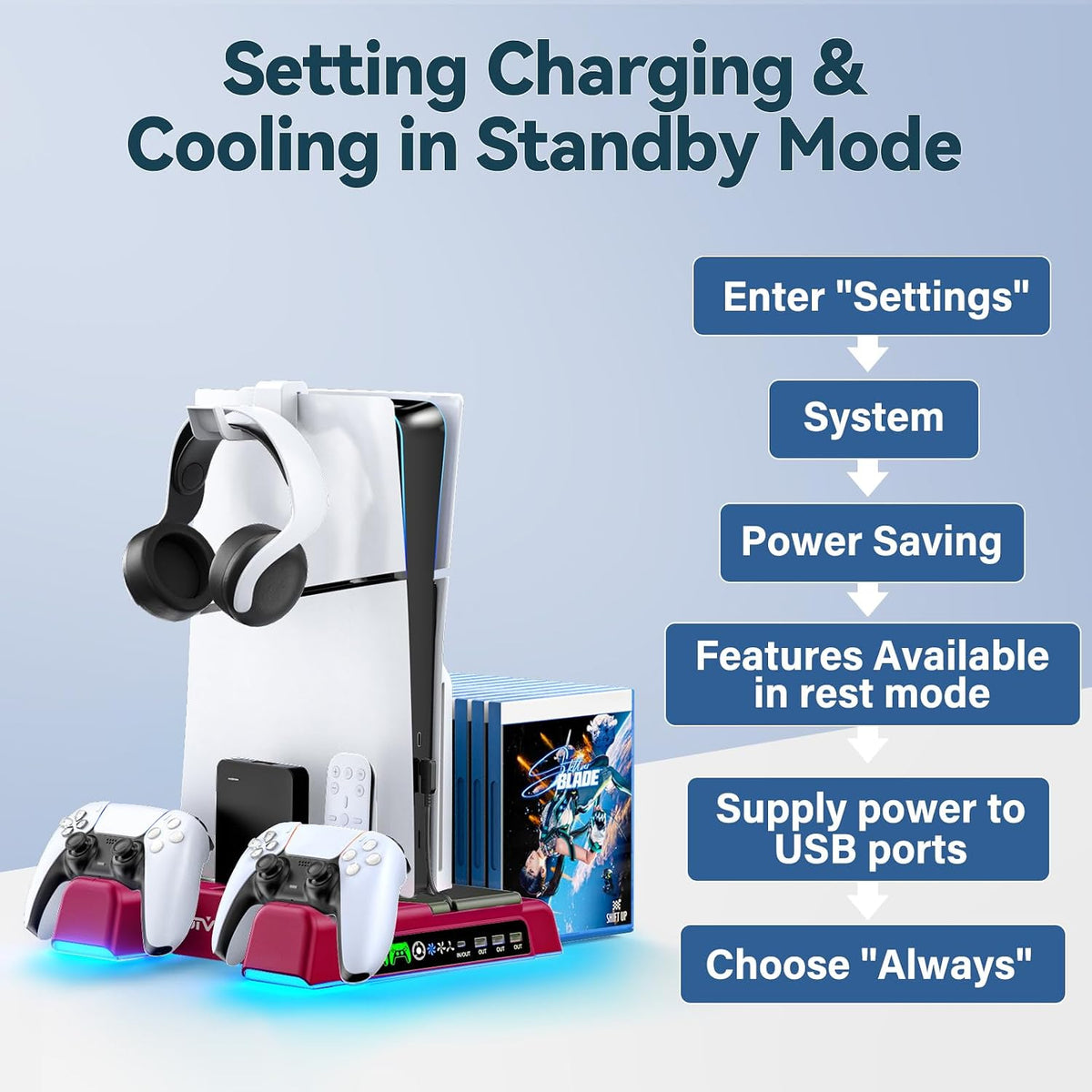 PS5/Slim/Pro Stand and Cooling Station with LED Controller Charging Station for P 5 Console, Controller Charger, Cooling Stand, PS5/Slim/Pro Skin Accessories Kit with 3 Level Cooler Fan, Volcanic Red - Image 6