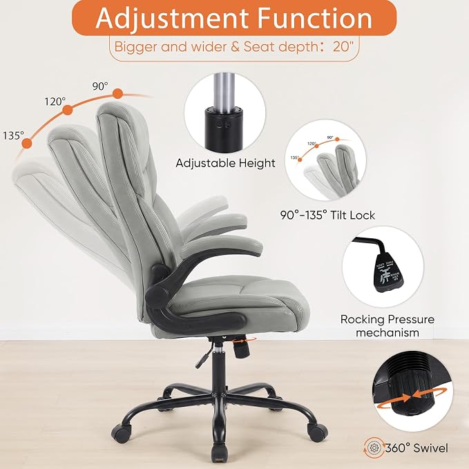 OLIXIS PU Leather Desk Chair, Ergonomic Office Chair, Flip-up Armrest | High Back, Swivel Rolling Wheels, Heavy Duty, 275lbs,Comfortable,Executive, Grey - Image 4