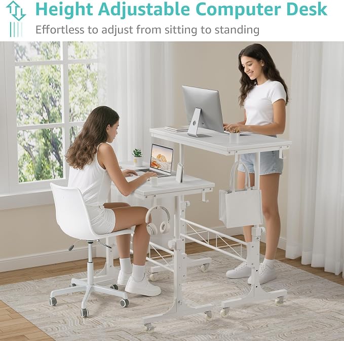 WINAZ Rolling Standing Desk with Wheels, 32" Adjustable Height Small Portable Teacher Desk for Classroom, Mobile Treadmill Walking Pad Table for Laptop, Compact White Home Office Workstation - Image 5