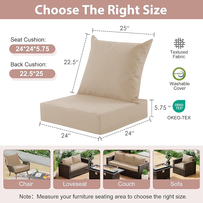 Outdoor Deep Seat Cushion Set, 24x24 Inch Water-Resistant & Fade-Resistant Outdoor Chair Cushions, Patio Furniture Cushions with Removable Cover for Patio Chair, Sofa, Beige (Set of 2) - Image 2