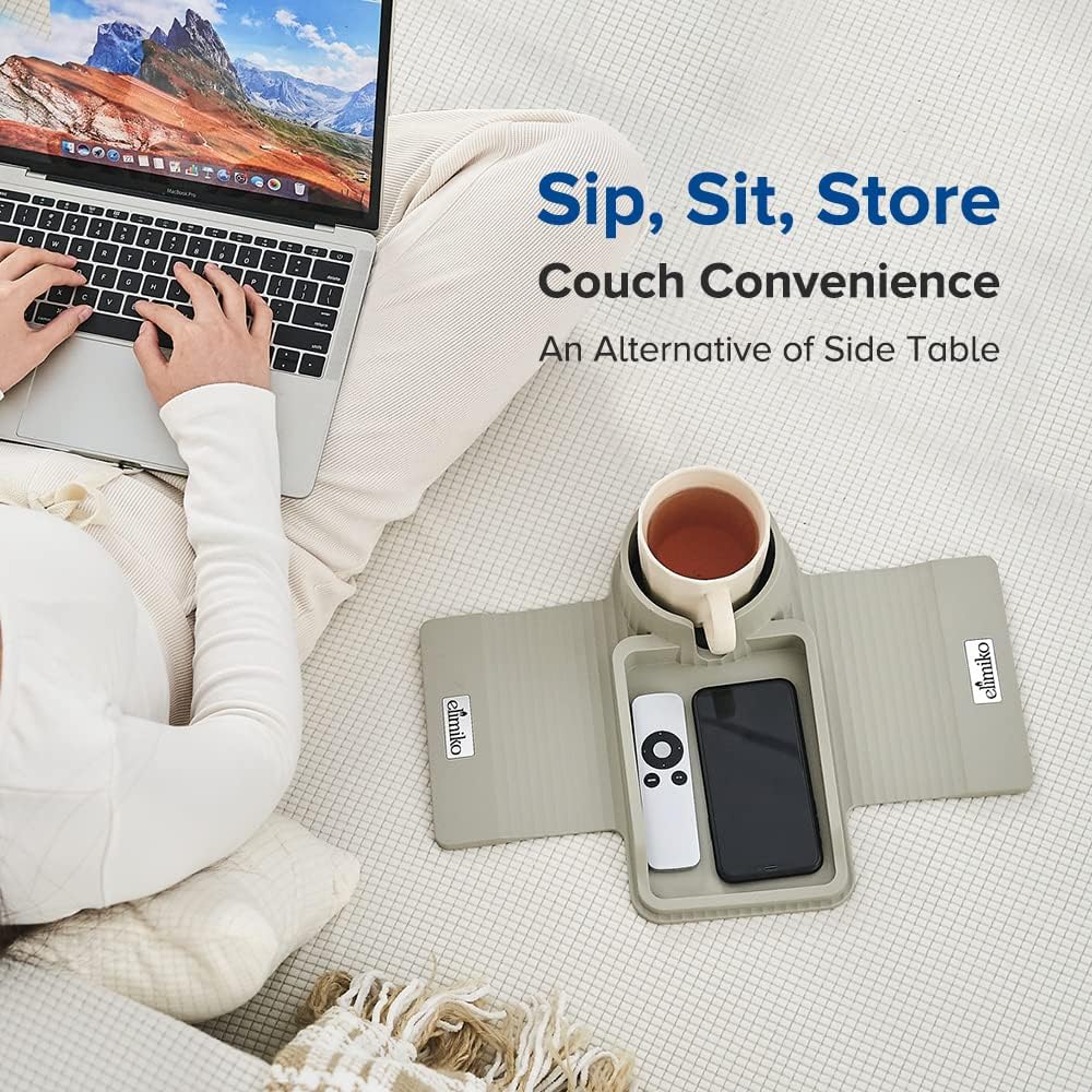 Couch Cup Holder Tray, Elimiko Silicone Sofa Drink Holder with Large Cup Holder and Tray, for Oversized Mugs/Long Remote/Snacks/Cellphone (Griege) - Image 2