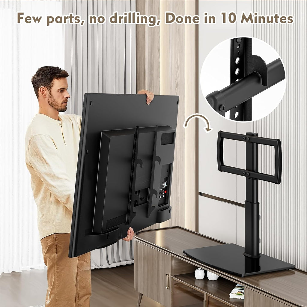 Universal Swivel/Table Top TV Stand 27 to 60 inch TVs 80 Degree Swivel, 4 Level Height Adjustable, Heavy Duty Tempered Glass Base, Holds up to 99lbs Screens, HT04B-001 - Image 5