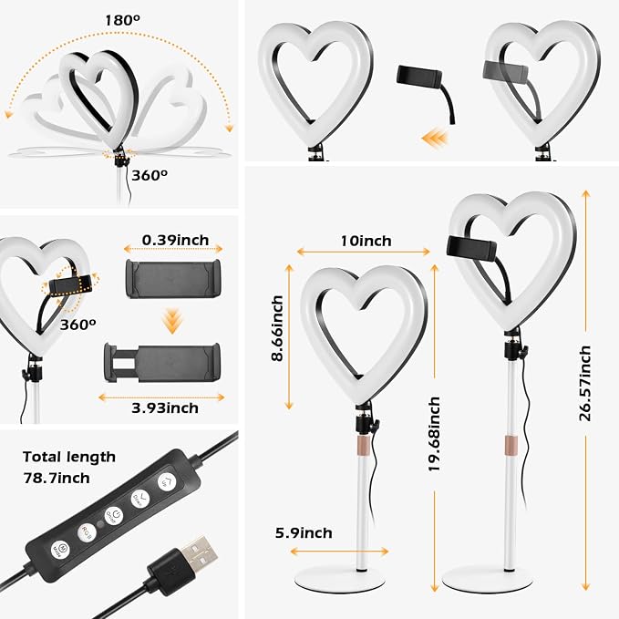 Ring Light for Desk,Heart Tabletop Light with 26" high Stand, RGB 47colors Selfie Light,USB Powered LED Desktop lamp with Phone Holder for Makeup Lights, Laptop Live Stream, YouTube,TikTok - Image 7