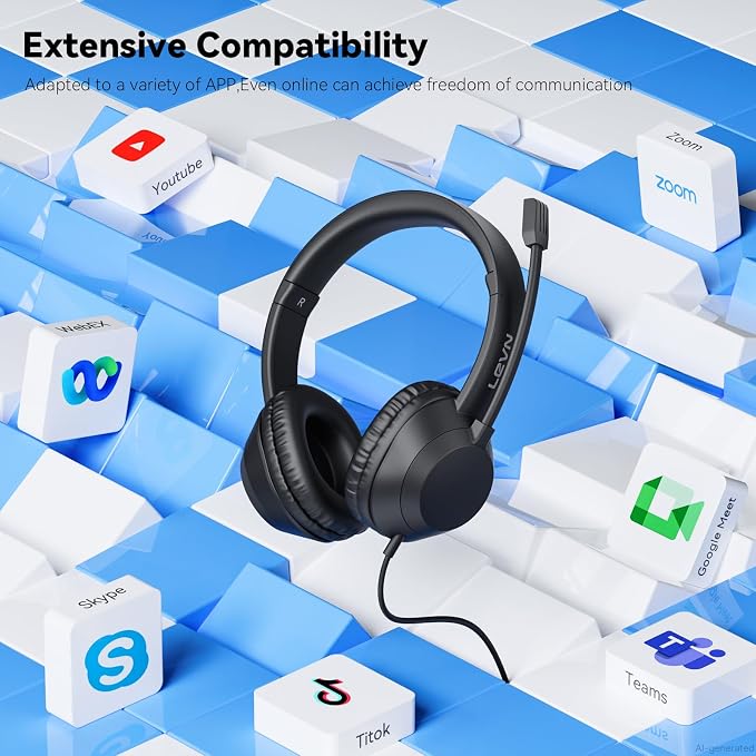 LEVN Headset with Mic, USB Headset with Microphone for PC, Headphones with Mic for Pc with Noise Canceling Microphone for Laptop, USB Headphones for Work from Home/Call Center/Open Office, Black - Image 6