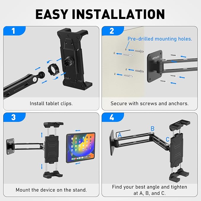 Tablet Wall Mount Holder for iPad, 4.7-15.6" | 360° Rotation Adjustable, Aluminum Extendable Arm, iPad mini/Air/Pro/Galaxy Tab/Kindle, Kitchen Home Office - Image 8