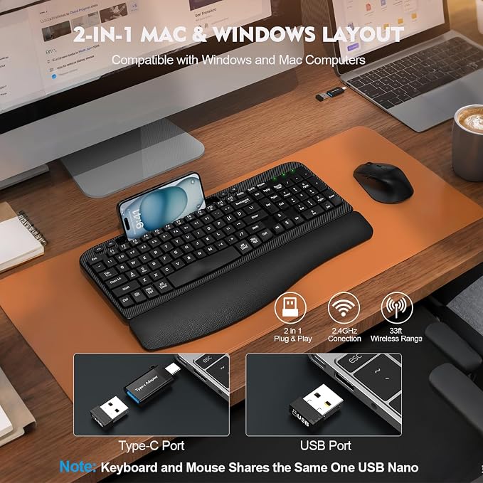 Wireless Keyboard and Mouse Combo, Full-Sized Ergonomic Wave Keys Keyboard with Memory Foam Wrist Rest & Phone Holder, 2.4G Quiet Keyboard Mouse Work Setup for PC Laptop, Office or Home (Black) - Image 5