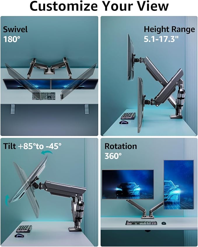 Dual Monitor Desk Mount, 13-32 inch Adjustable Full Motion Monitor Arm, Computer Display Stand Holder with Clamp and Grommet Base, Fits 4.4 to 22lbs Screens, VESA Mount Bracket, Black, Freelift Pro - Image 5
