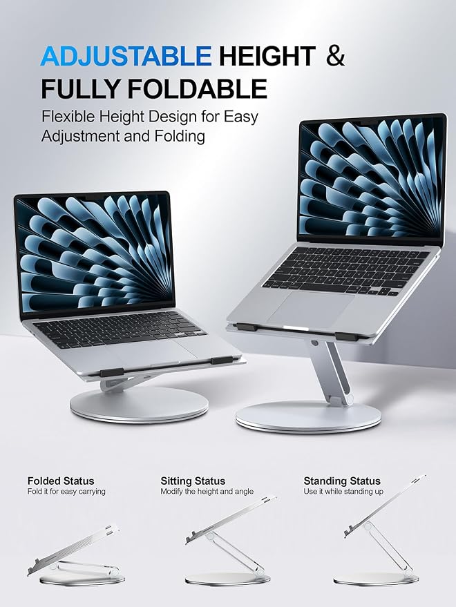 YICOSUN Laptop Stand for Desk, 360° Rotating Height Adjustable Computer Stand, Ergonomic Aluminum Laptop Riser with Ventilated Cooling, Foldable for 10-16 inch MacBook Pro Air Neo Dell HP - Silver - Image 2