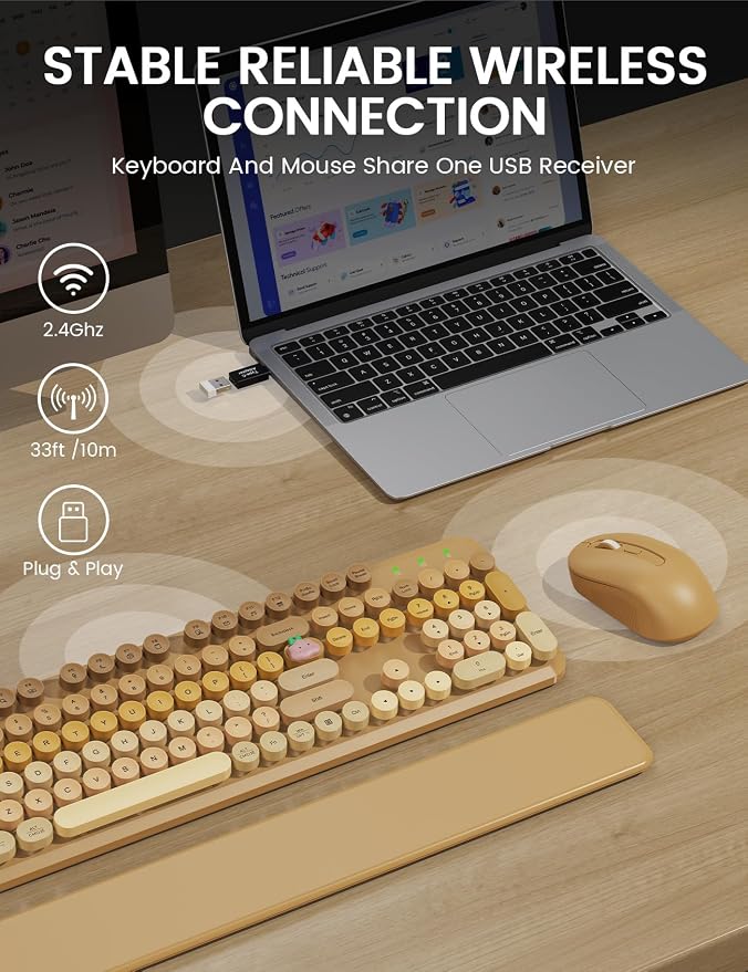 Wireless Keyboard and Mouse Combo, Cute Typewriter, Magnetic Wrist Rest | Full-Size, Round Keycaps, Smart Sleep Mode, 2.4GHz Stable Connection for Mac/Windows/PC, Office or Home, Trueque CK24 - Image 4