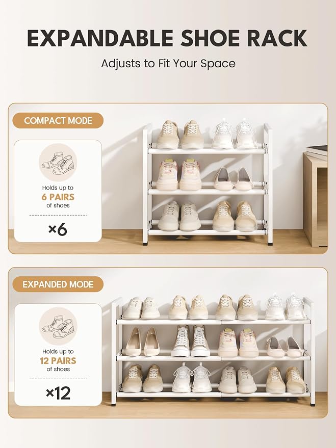 Bumusty 3 Tier Expandable Shoe Rack for Closet, White | 18"-33" Adjustable Shoe Rack for Entryway, Small Shoe Organizer for Dorm, Front Door, Sturdy Metal - Image 6
