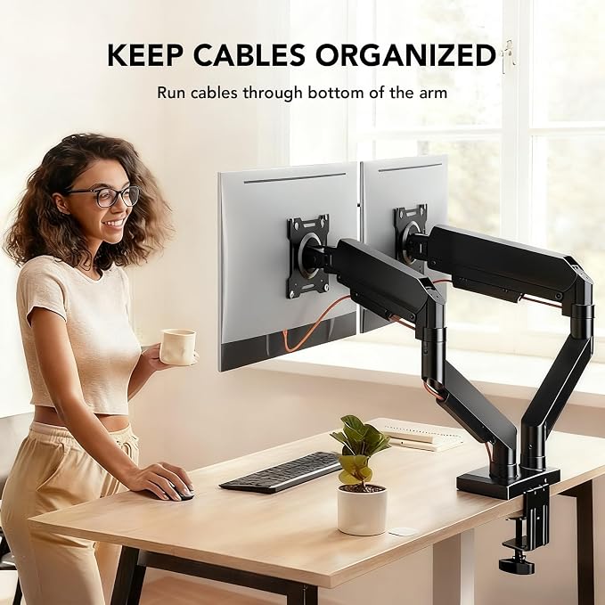 Dual Monitor Stand Adjustable Monitor Desk Mount for 17″–32″ Computer Screens, Full Motion VESA Pattern 75x75/100x100 with C-Clamp & Grommet Aluminum Base, Each Arm Holds 4.4 to 20 lbs HD09B-201 - Image 7