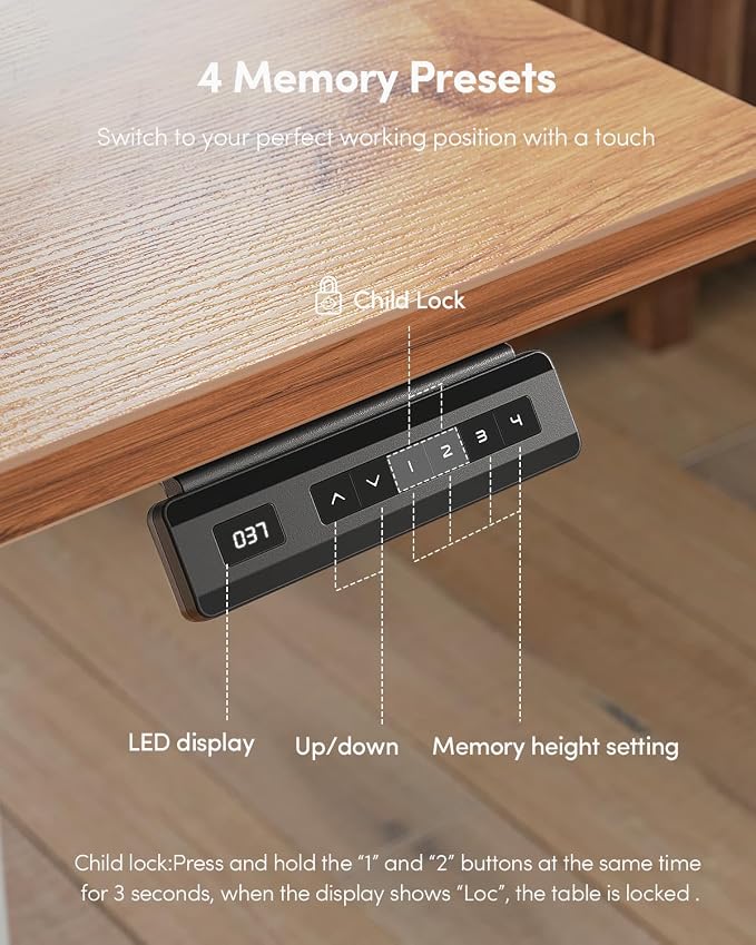 CubiCubi 48 x 24 One-Piece Electric Adjustable Standing Desk, Light Rustic | Height Adjustable Electric Large Computer Home Office Sit Stand up Workstation, with Memory Presets, Headphone Hook - Image 9