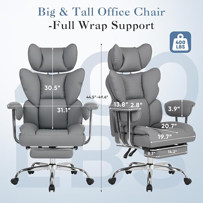 DUMOS Big and Tall Home Office Desk Chair, Executive Chair with Footrest | Scratch-Resistant PU Leather, Ergonomic Reclining, Pocket Spring Support, 400 LBS Weight Capacity, Grey - Image 7
