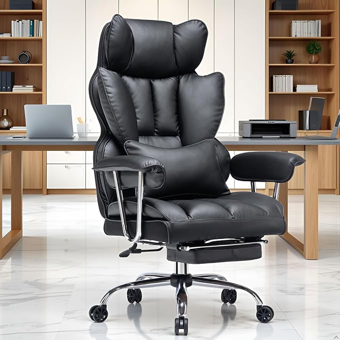 Efomao Big and Tall Office Chair with Foot Rest 400LBS, PU Leather Computer Chair, Heavy Duty Executive Office Chair with Lumbar Support, Black Home Office Chairs | 400lbs support, 135° recline, dual-layer foam cushion, 23.5" seat & footrest. BIFMA - Image 2