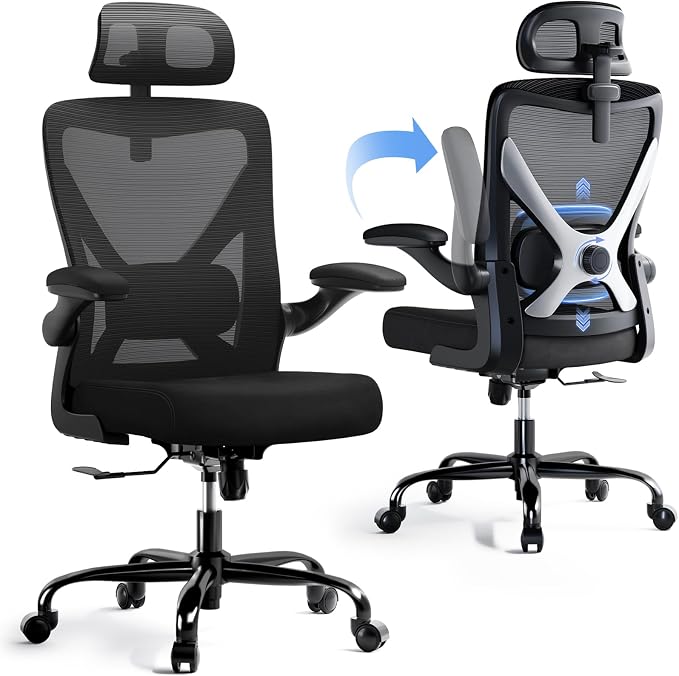 Ergonomic Office Chair: Mesh Desk Chair Comfy with Headrest& Lumbar Support | Ergalithic Big and Tall Office Chairs with Wheels & Flip-Up Arms-Computer Gaming Chairs for Adults Home Office Chairs(Black) - Image 6