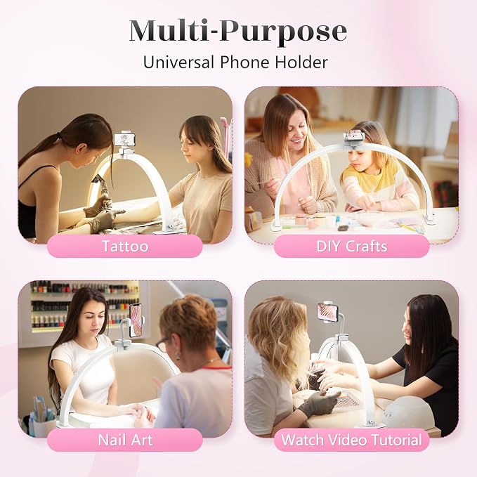 Yokilly Half Moon Light for Nail Desk: 23" Foldable Nail Light for Desk | Arch Nail Tech Light with Phone Holder for Beginner - 3 Color Modes & 10 Brightness for Manicure Salon-White - Image 6