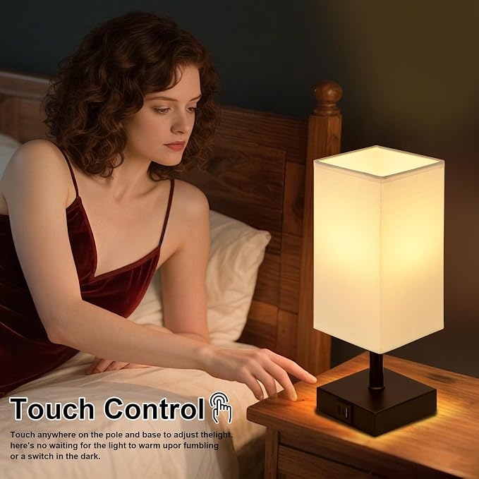 Touch Table Lamp for Bedroom - Dimmable, USB C+A, White Lamphade Black Base | 3-Way Dimmable, 3000K LED Bulb Included, Square Lampshade, Cute Room Decor for Teen Girls, Kids, Small Lamp for Dorm, Nursery - Image 6