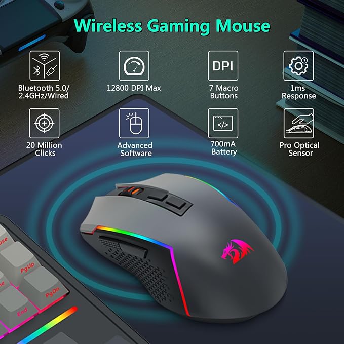 Redragon Wireless Mechanical Keyboard and Mouse Combo, RGB Backlit | Bluetooth/2.4Ghz/USB-C Wired, TKL Creamy Gaming Keyboard with Hot Swappable Linear Switches + 12800 DPI Gamer Mouse - Image 3