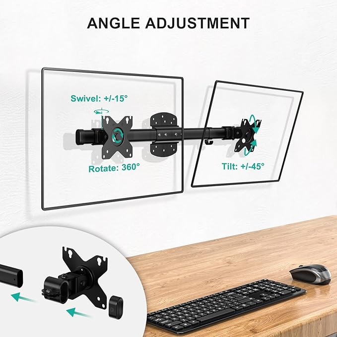 WALI Dual Monitor Wall Mount for 13-27 inch Screens, up to 22lbs | Wall Mount Monitor Arm, Horizontal Assembly, Full Motion with Tilt, Swivel, Rotation, VESA Mount 75/100mm (012ARM), Black - Image 4