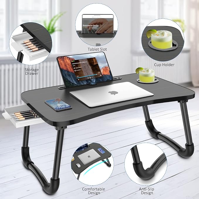 Zapuno Foldable Laptop Bed Table, Laptop Desk, Breakfast Tray, Arc Shape | Multi-function Lap Bed Tray, Storage Drawer and Water Bottle Holder, Slot for Eating, Working, For Bed/Couch/Sofa - Image 2