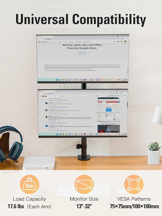 Stable Vertical Dual Monitor Stand, Stacked Monitor Mount for 2 Screens Up to 32 inch, Full Motion Monitor Desk Mount with Swivel, Tilt, Rotation, Holds 17.6 lbs Each, Max VESA 100x100mm - Image 3