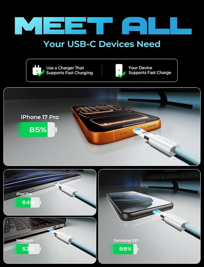 LISEN USB C Cable, 5-Pack [3.3/3.3/6.6/6.6/10FT] Blue for iPhone 17 Charger Cord, 60W C to C Cable Fast Charging for iPad, iPhone 17 Air 16 15 Pro Max, Samsung Z Flip 7/S25/S24 - Image 5