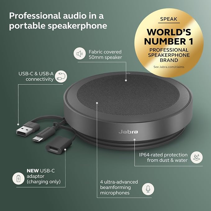 Jabra Speak2 75 (2025 Edition) Wireless Bluetooth Speakerphone - 4 Noise-Cancelling Mics, 65mm Speakers - New Linking Feature - USB-A & USB-C Adapter - Certified for Microsoft Teams - Dark Grey - Image 2
