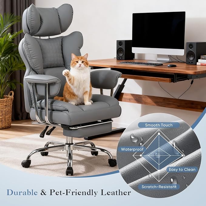 DUMOS Big and Tall Home Office Desk Chair, Executive Chair with Footrest | Scratch-Resistant PU Leather, Ergonomic Reclining, Pocket Spring Support, 400 LBS Weight Capacity, Grey - Image 6
