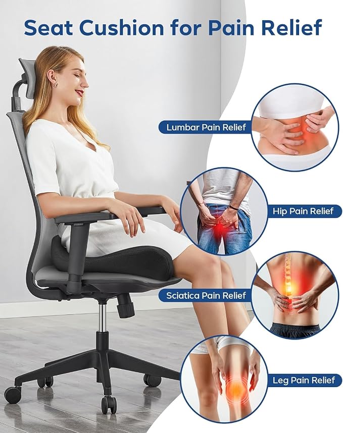 Seat Cushion for Office Chair - Memory Foam Tailbone Cushion | for Desk Chair, Car Seat and Wheelchair - Ergonomic Chair Pad for Hip and Lower Back Comfort - Washable Mesh Cover - Image 2