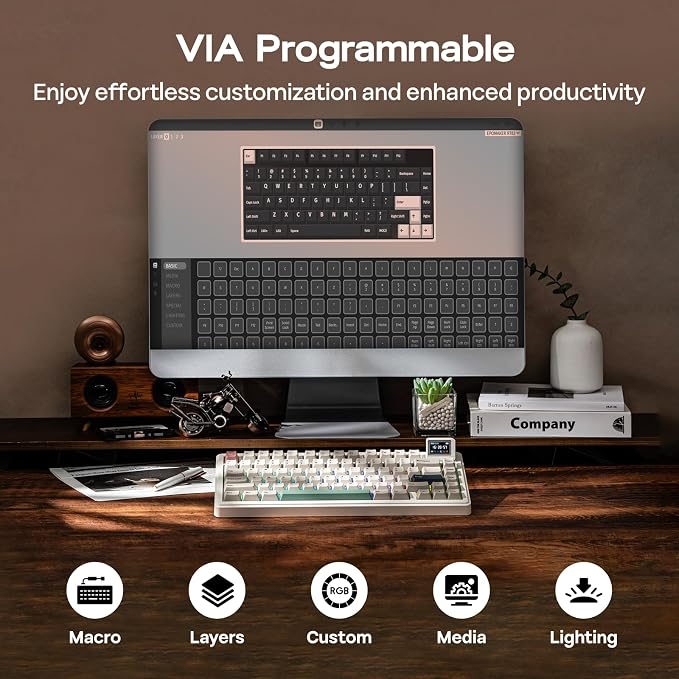 EPOMAKER RT82 Wireless Mechanical Keyboard with Screen, VIA Custom | 2.4GHz/USB-C/BT5.0, RGB Backlit, Gasket, 5-Paddings, PBT Keycaps, Hot-Swap Retro Gaming Keyboard (Creamy Jade) - Image 7