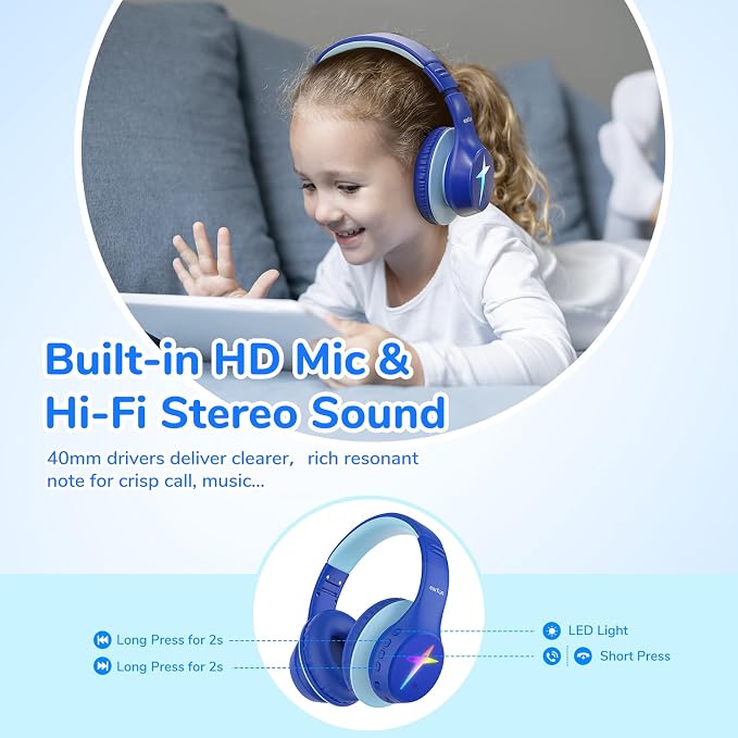 EarFun K4 Kids Bluetooth Headphones, Wireless Headphones with Lights, Blue | 74/85/94dBA Volume Limited, Built-in Mic, 90H Playtime, Stereo Sound Bluetooth 5.4 Over Ear Headphone for iPad/Tablet/School - Image 4