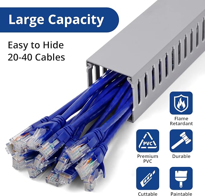 ZhiYo 2"H x 2"W Cable Raceway, 6ft Under Desk Wire Management Channel, Grey | Slotted Wire Duct, 2 Pack (3 ft Each), Heavy-Duty PVC Cable Management for Server Racks, Network Cables & Electrical Cabinets - Image 3