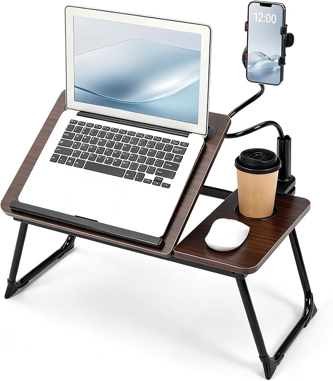 Nuanchu Walnut Wood Color 2 Pcs 23.6 in Laptop Desk for Bed with Adjustable Stand, Lap Desks for Adults, Bed Tray with Drawer & Phone Holder, Dorm Room, College Dorm (5 Gears) - Image 8