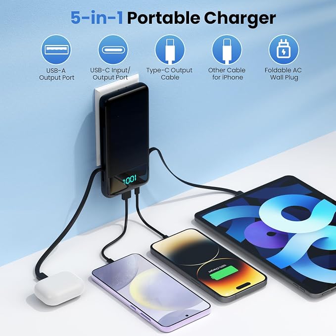 Portable Charger Power Bank for iPhone with Built-in Cables and AC Wall Plug, 13800mAh Ultra Slim Travel Essentials,USB C Fast Charging External Battery Pack for iPhone 17/16/15/13,Galaxy,Android etc - Image 2